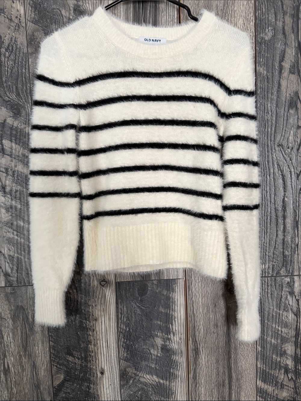 Old Navy Cream and Black Fuzzy Striped Crew Sweater - Picture 1 of 4